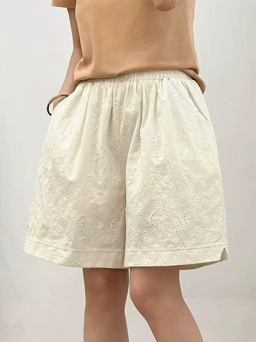 Women Retro Cotton Casual Embroidered Elastic Waist Shorts