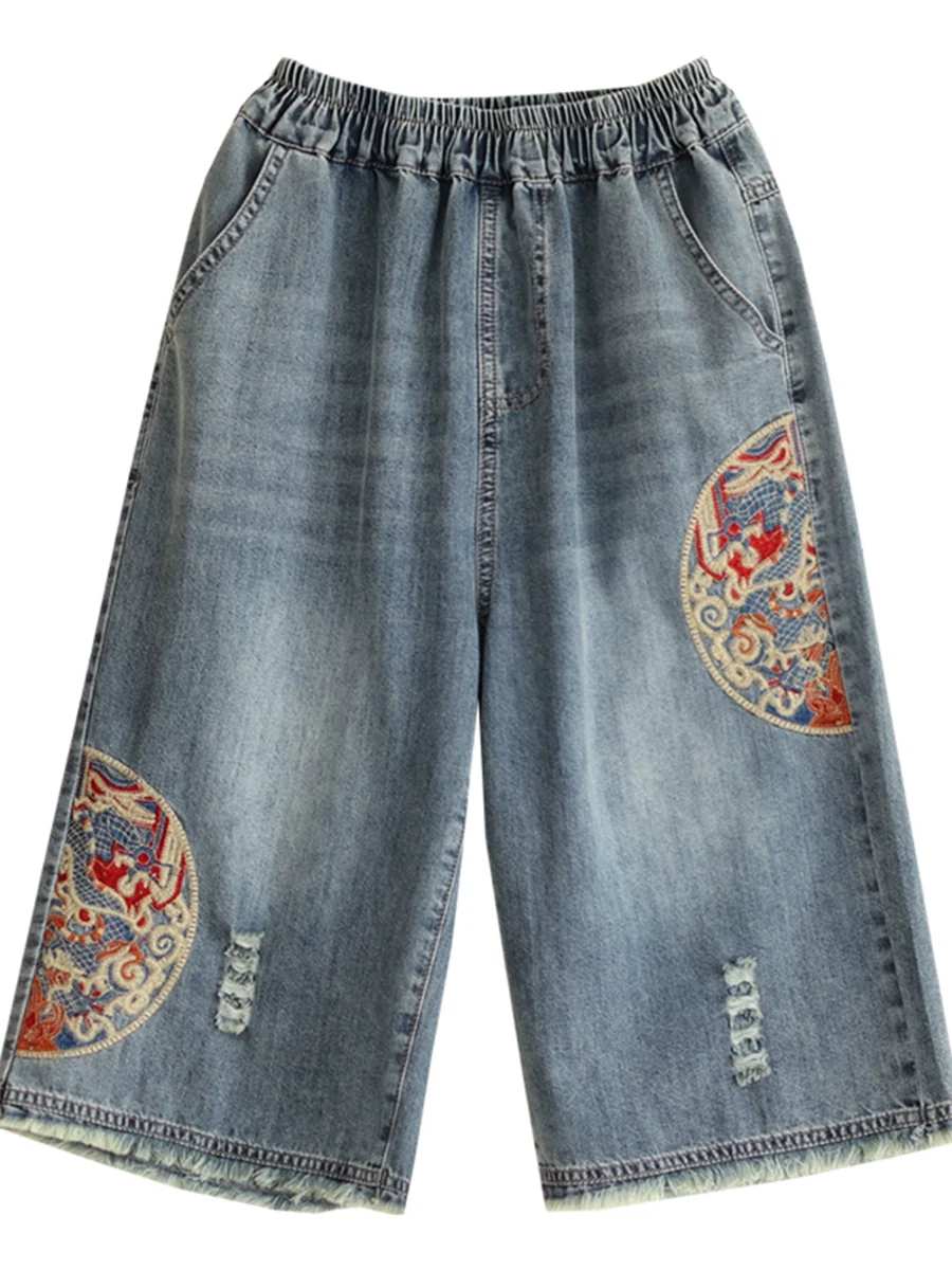 Women Summer Denim Embroidered Casual Loose Shorts