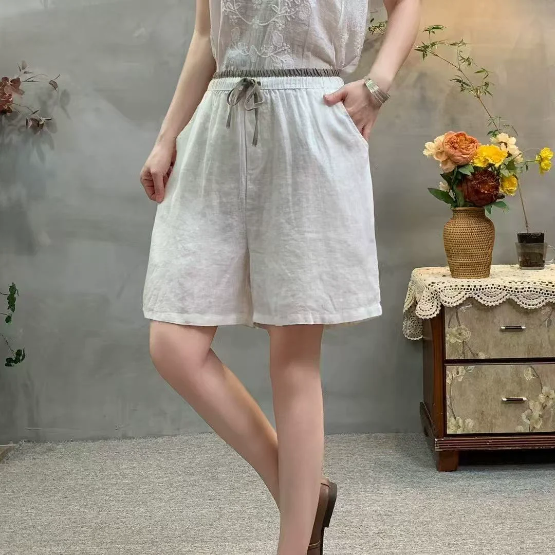 Babakud Summer Retro Linen Casual Elastic Waist Versatile Shorts