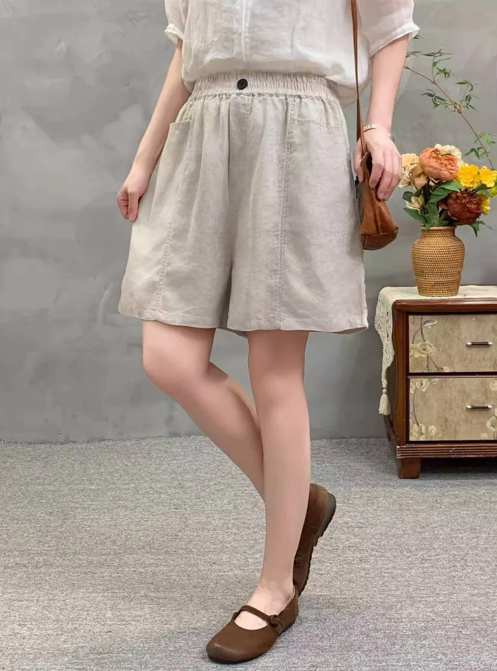 Summer Retro Ramie Comfortable High Elastic Waist Shorts