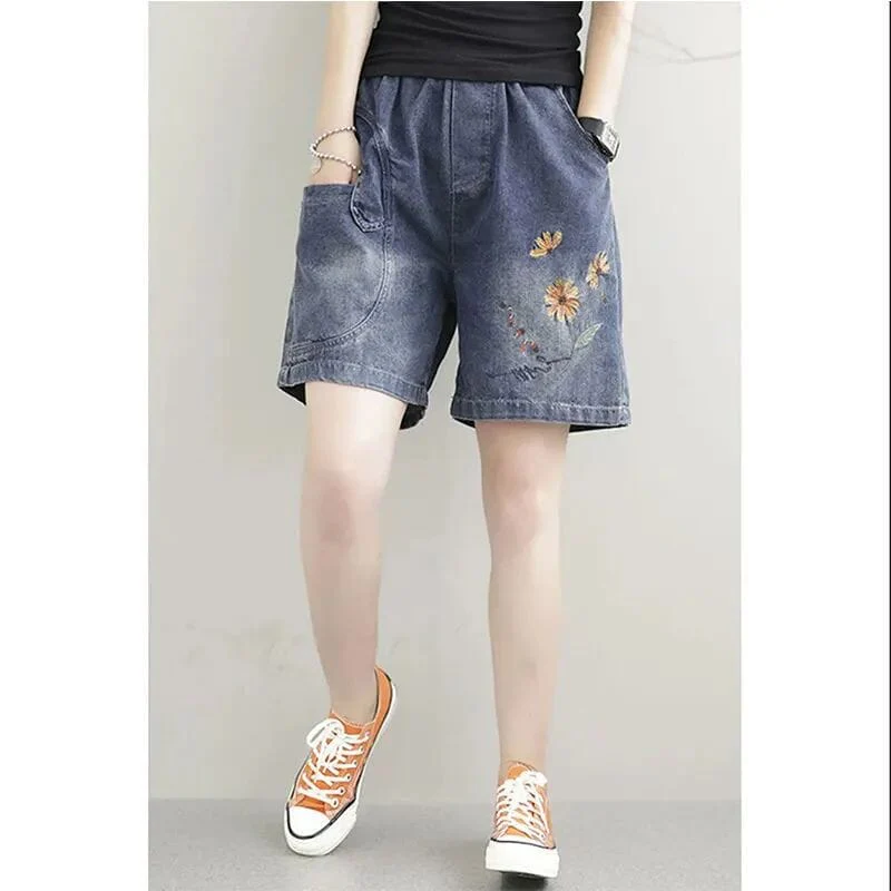 Women Summer Casual Embroidery Loose Denim Shorts