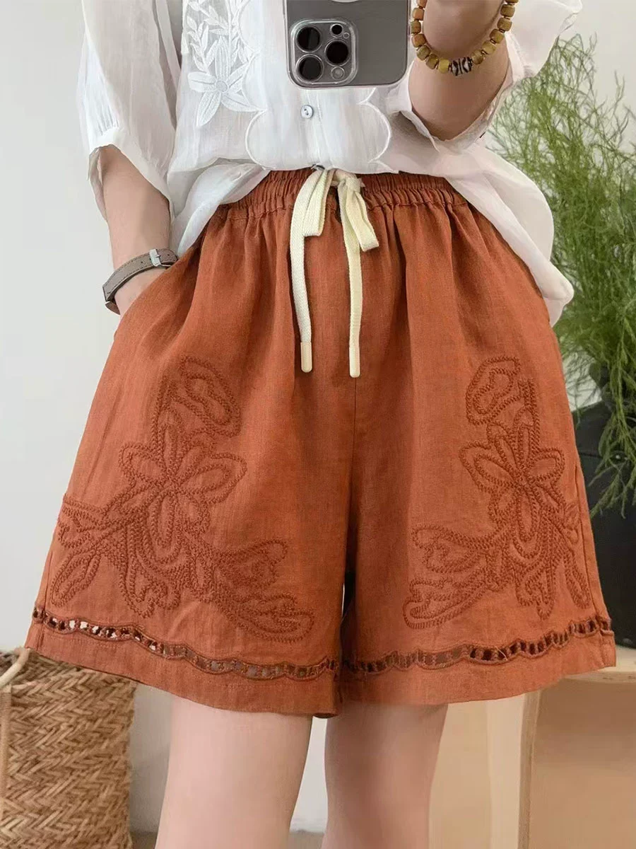Retro Linen High Elastic Waist Embroidered Loose Lace Up Shorts