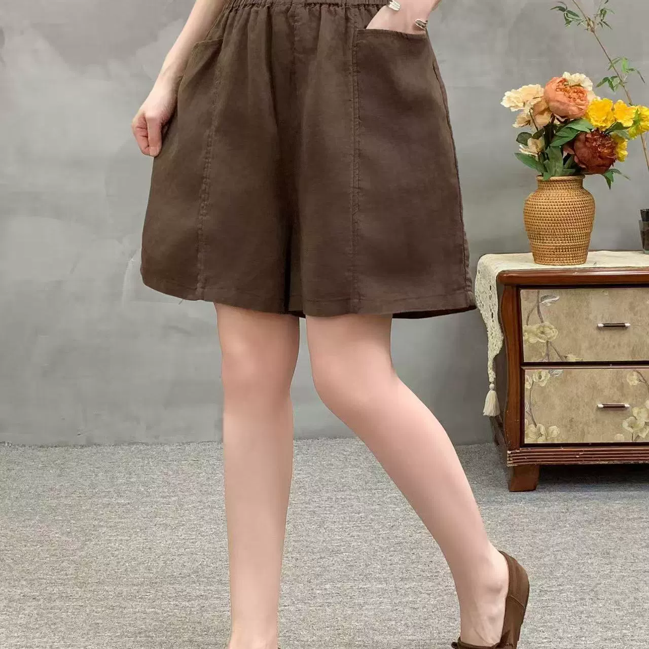 Summer Retro Ramie Comfortable High Elastic Waist Shorts