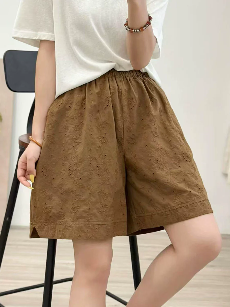 Women Retro Cotton Casual Embroidered Elastic Waist Shorts