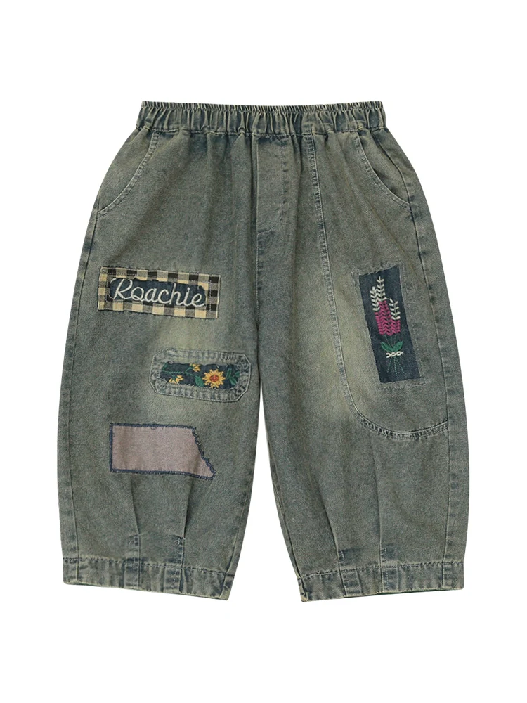 Women Retro Casual Denim Patchwork Elastic Waist Shorts