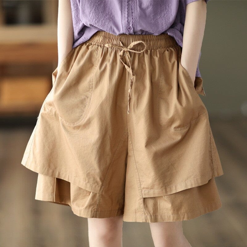 Women Summer Casual Solid Color Double Layered Cotton Shorts