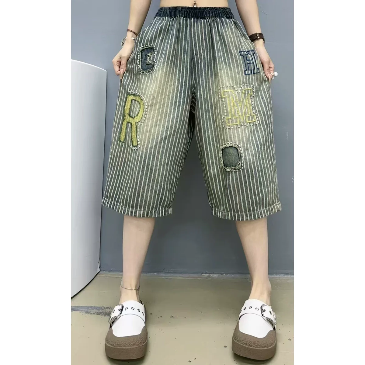 Summer Women Denim Loose Striped Patchwork Harem Shorts