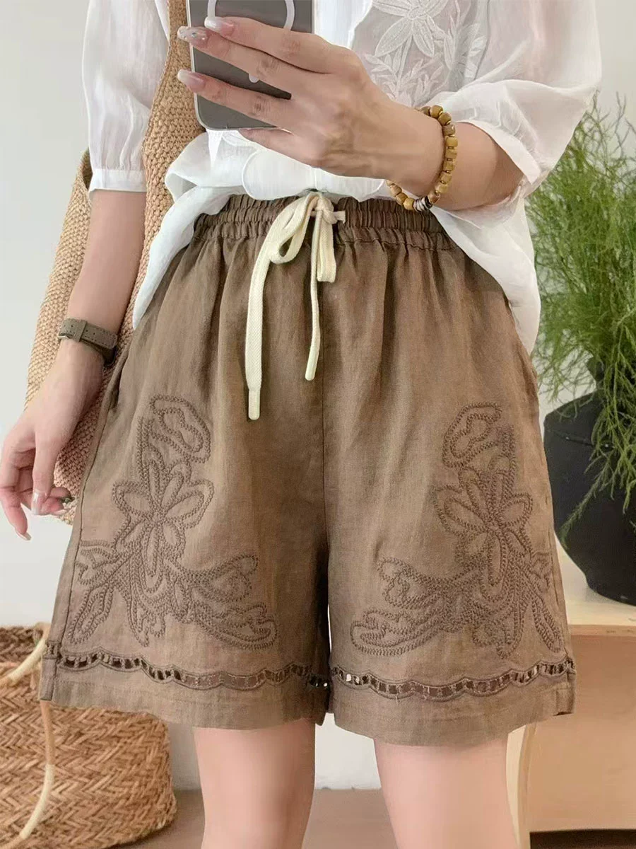 Retro Linen High Elastic Waist Embroidered Loose Lace Up Shorts