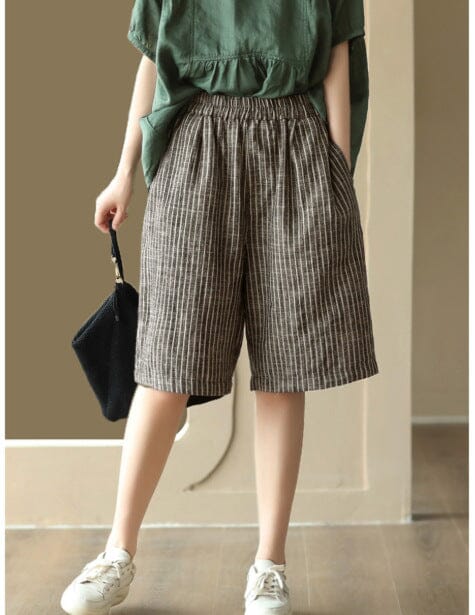 Women Casual Summer Linen Stripe Shorts