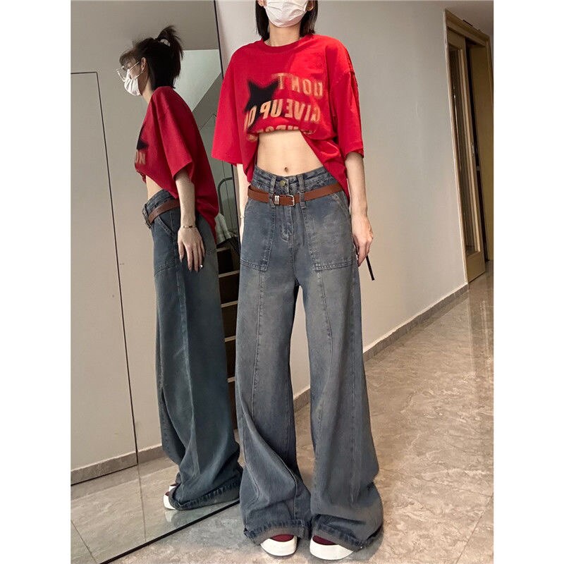 Retro wash with high waist relaxed high street style female ruined jeans, wide leg pants, oversized straight pants female style