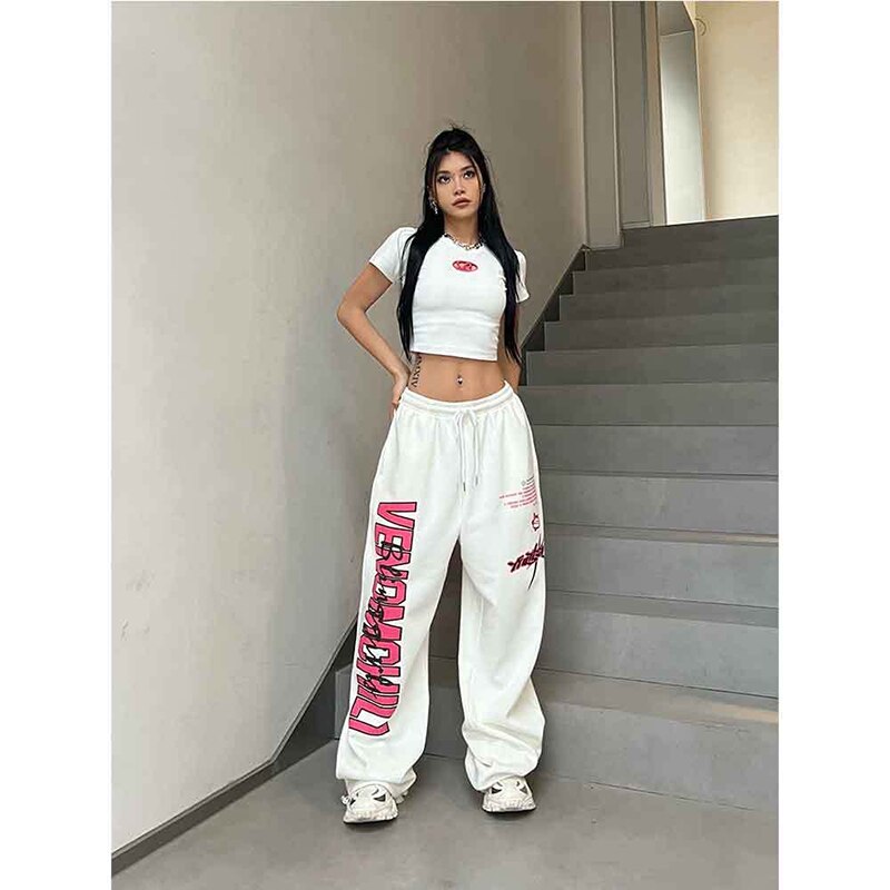 Letras impresas hippie pantalones deportivos de cintura alta Harajuku moda coreana retro calle pantalones casuales blancos de piernas anchas