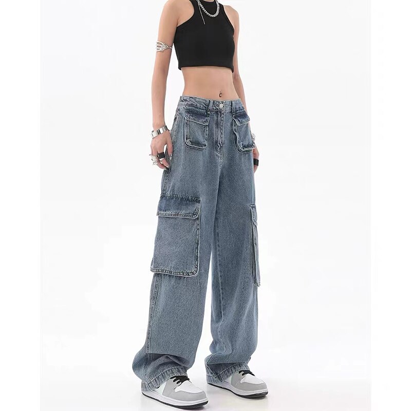 High quality fashion streetwear multi-pocket design workwear loose women jeans high waist wide legs wide leg jeans for women