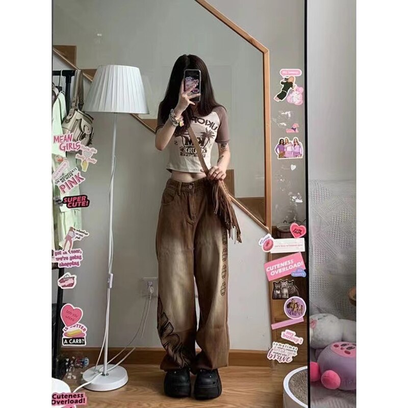 Retro street jeans for women egirl hip hop low waist fairy thick fabric loose jeans for women straight gothic pants