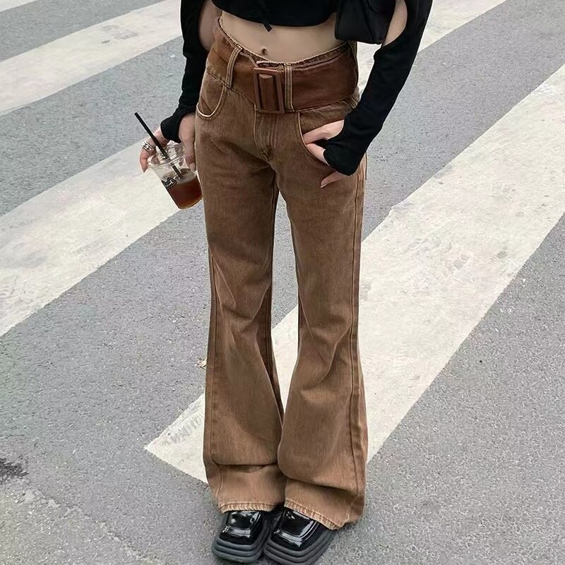 High waist hip hop jeans female brown retro jeans long horn jeans belts street jeans female bell bottom pants