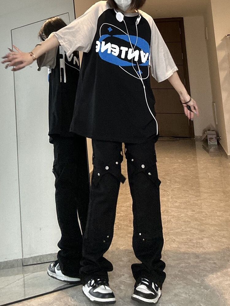 Gothic emo alt long pants hippie wide leg pants mom punk black pants Cyber ​​Y2K dark clothing academic female jeans