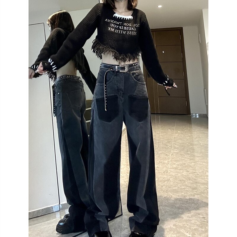 High Street retro high pockets, irregular slim waist, relaxed straight tube female jeans autumn - winter black wide-legged pants
