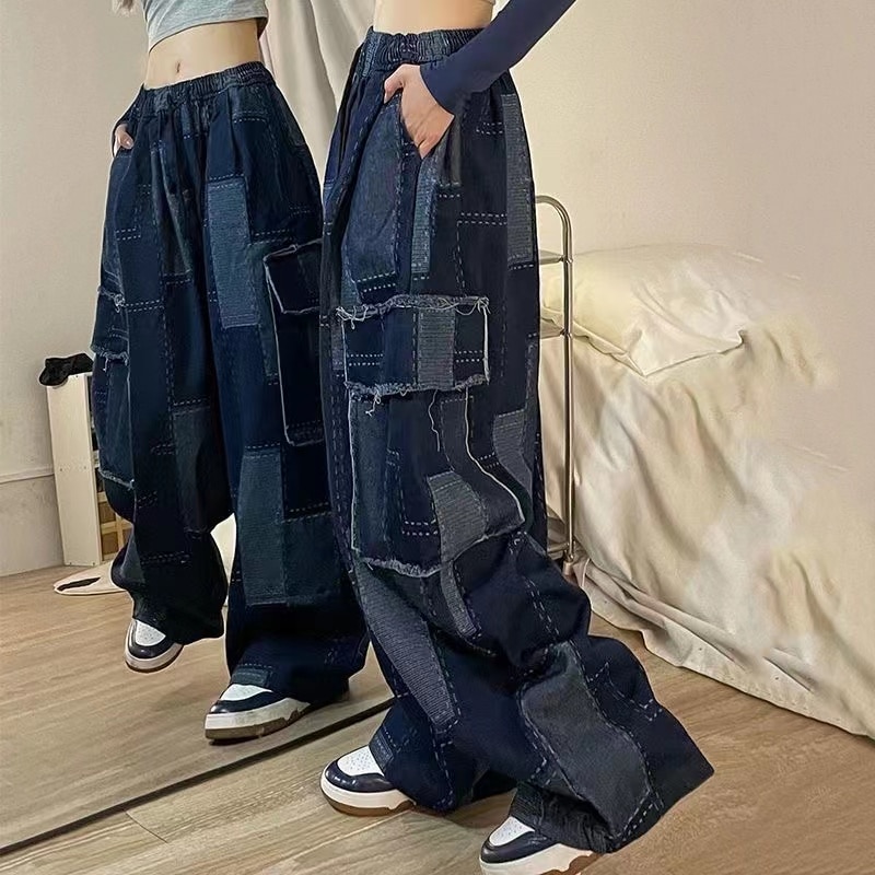 Jeans Women Japanese Fashion Wide Legs Sheepskin Pants Retro Pocket Denim Millennium Long Jeans