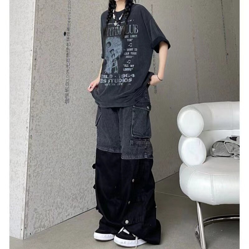 Y2K American retro design brushstroke baggy jeans splicing straight mops baggy pants fashion long pants