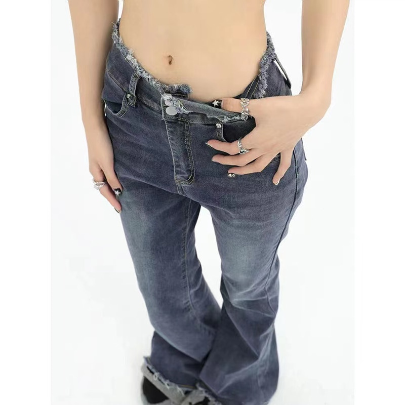 Bleached Women's Horn Jeans Korean Style Unique Slim Stretch Fashion Hip Hop Retro Stylish Street Full Length Jeans for Women