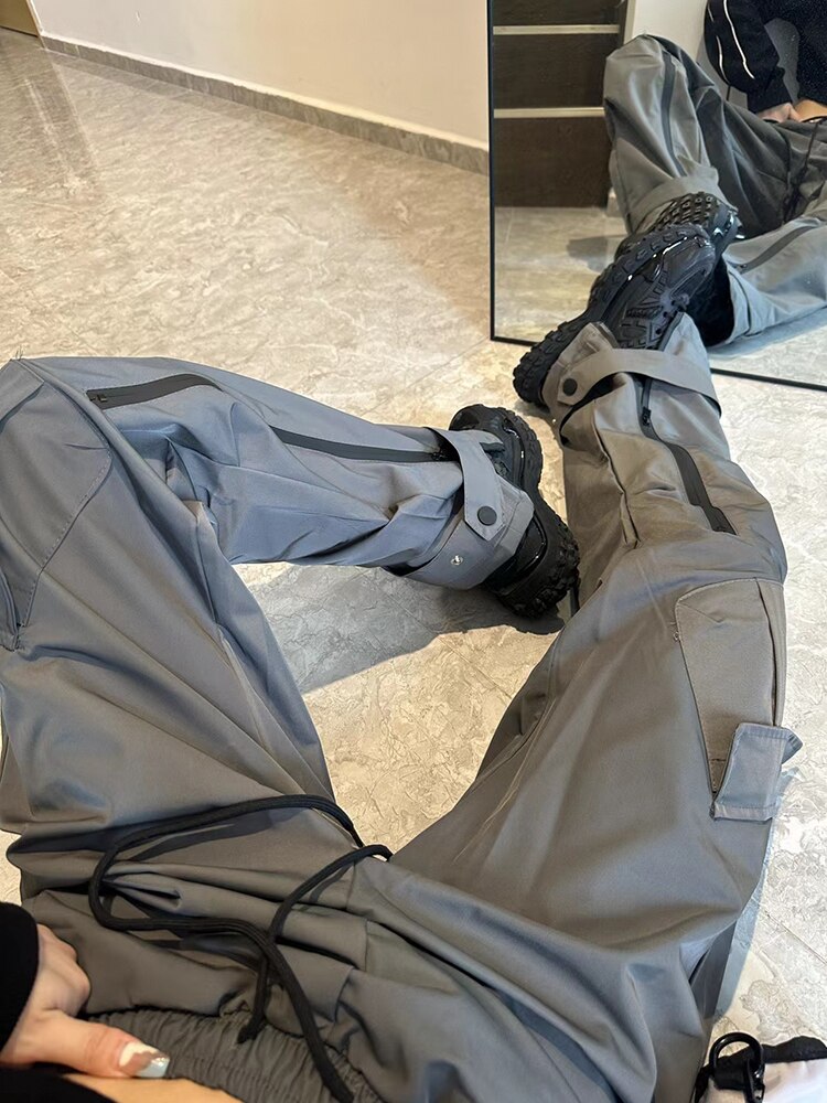 Loose work clothes women's pants retro wide street wear wide-leg sports pants leisure pumping rope pocket technology women's jogging pants women's pants