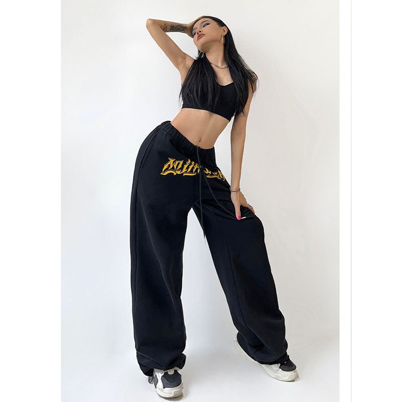 Hip hop jogging pants hip hop jazz sports pants women's sports pants relaxed high waist long pants letters wide legs pants women's sports pants