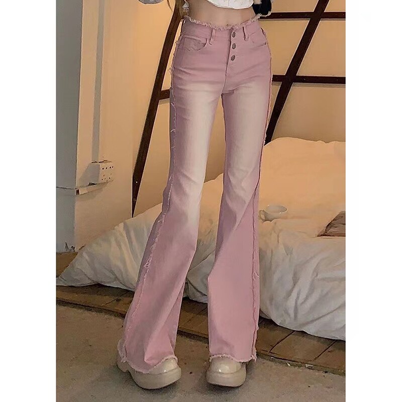 Bell pants jeans Y2K 90s slim pink bell pants women Y2K retro jeans high low waist long street pants