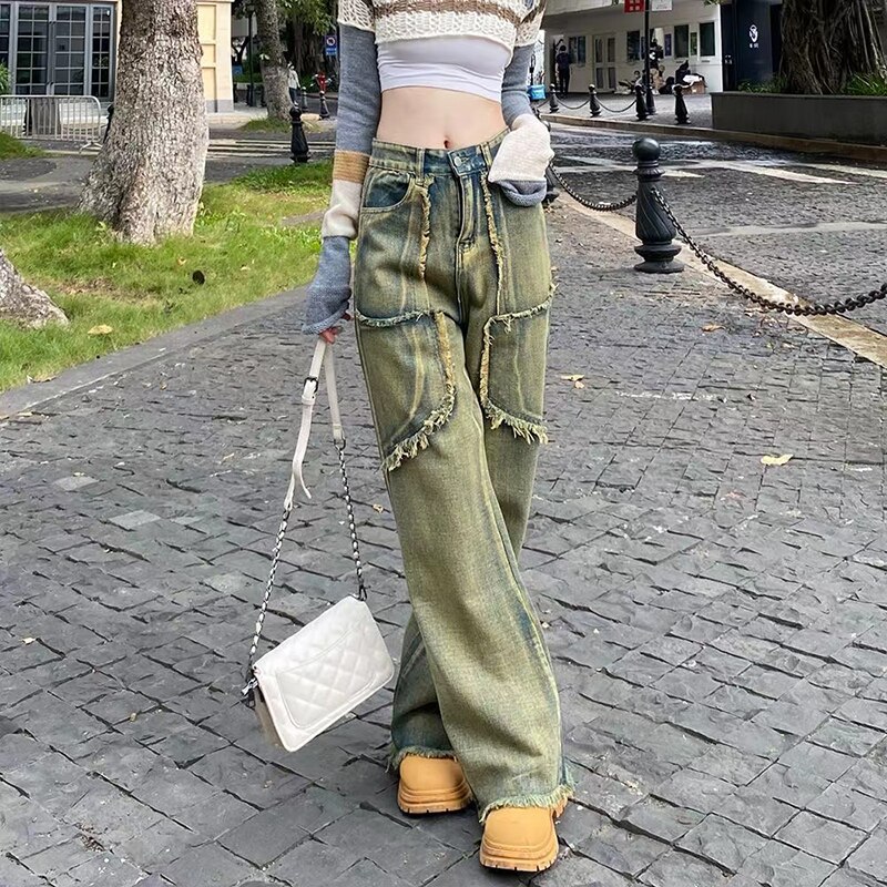 Autumn retro water-washed streetwear, thick edge, straight splicing, female jeans, high street, wide legs, female jeans