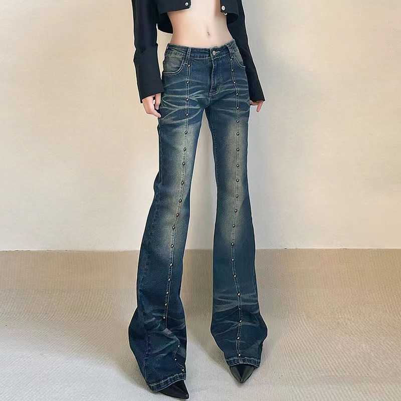 90s baggy jeans retro trash pants female distressed Y2K street horn jeans with low waist rivets stitched female long pants