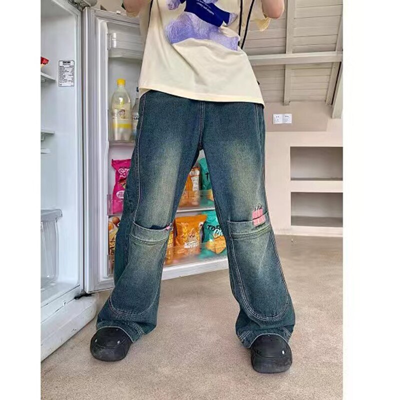 Large light green relaxed jeans for American women's high waist, multi-pockets, wide-leg pants retro street fashion design work pants