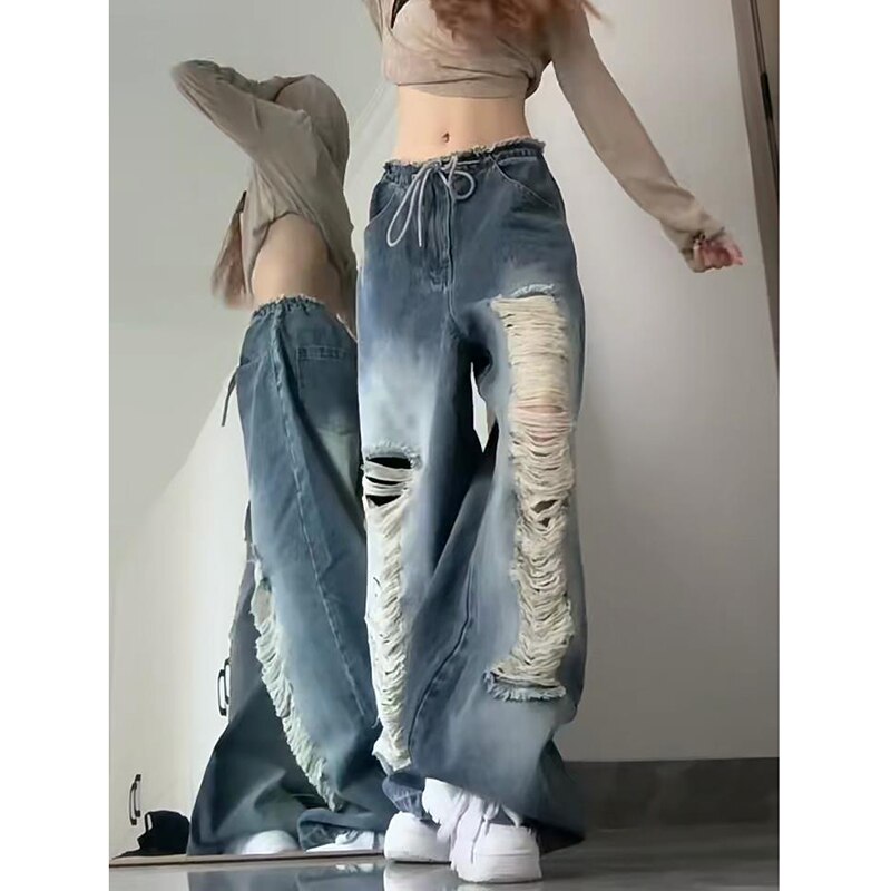 Streetwear Straight Pants Ripped Jeans High Waist Loose Wide Leg Pants Ladies Y2K Summer Baggy Boyfriend Mom Jeans for Women