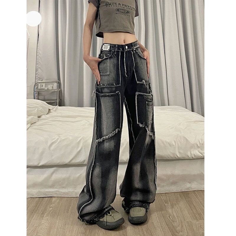 Y2K fashion street pants water-washed wide-leg pants, thick and loose jeans, multi-pocket female splicing, high street jeans for men and women