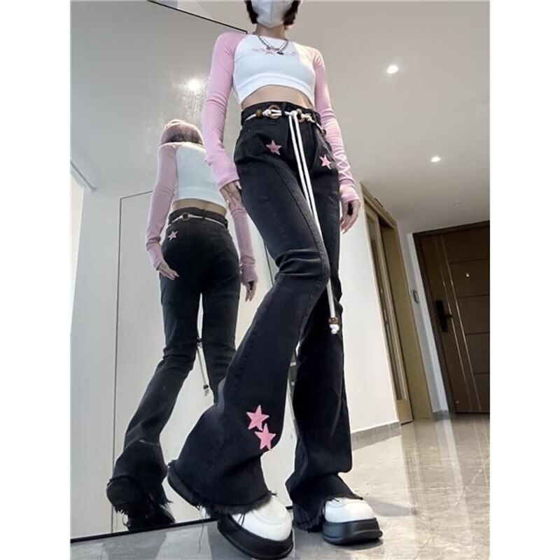 All Match corset Goth rosa Horn jeans Women 's homestay Y2K Street pants grunge stretchy Lady pants Grey Fashion