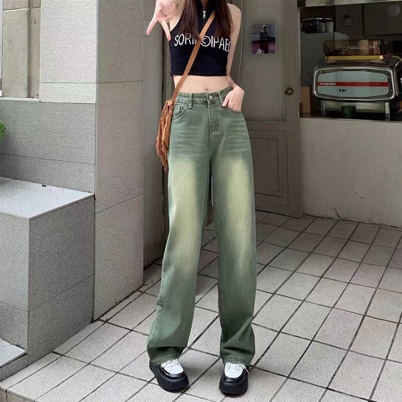 Retro green relaxed jeans American fashion Y2K slim and tight wide-leg mop pants on the street