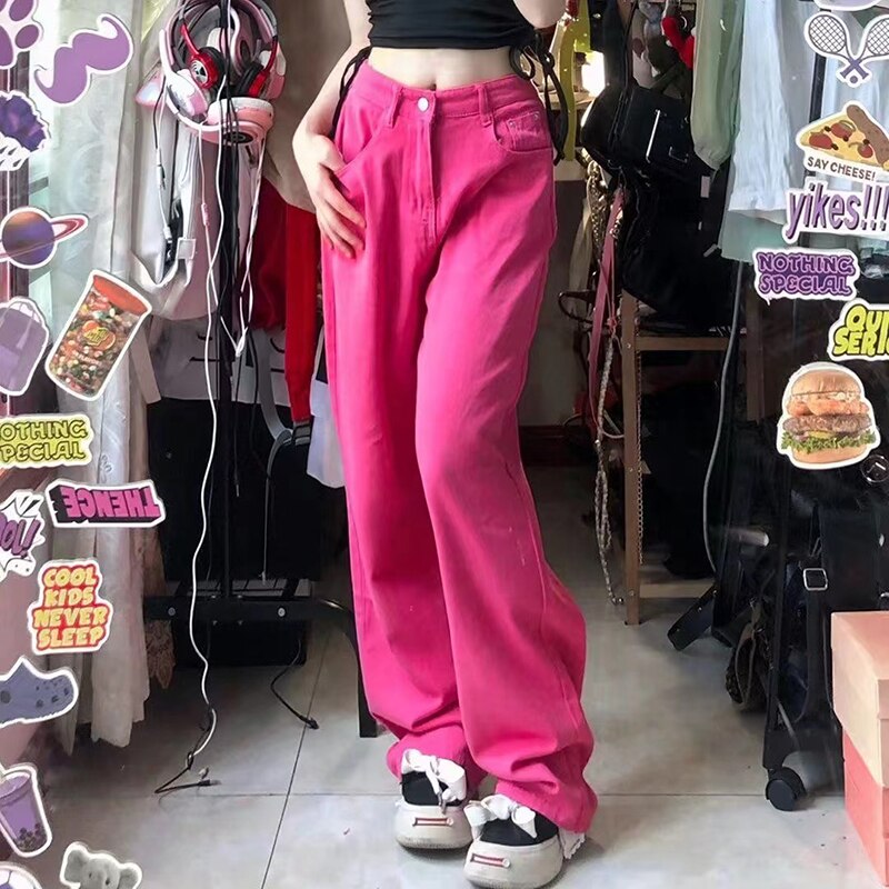 Jeans Long Pants Women Retro Pocket Pink High Waist Straight Pants Women Casual Street Pants Mom Jeans Women