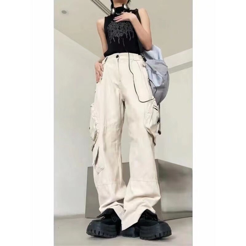 Y2K street baggy long pants women's clothing gyaru retro baggy wide legs spring and autumn high waist women's beige work pants