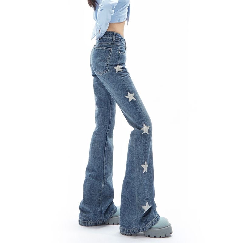 Chic retro Star Printing Women 's Solid denim Horn jeans women' s Summer waist Women 's Long pants Bell pants retro