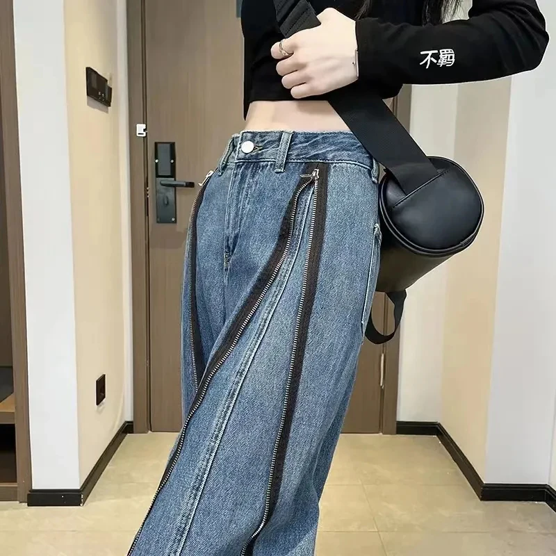 Retro zipper wide-leg jeans new high waist slim jeans in spring and autumn new Korean loose and straight jeans