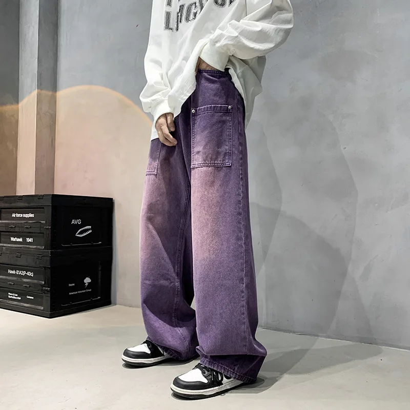 Purple wide jeans men's fashion hip hop jeans retro casual pants street pants super large bottom pants male clothing