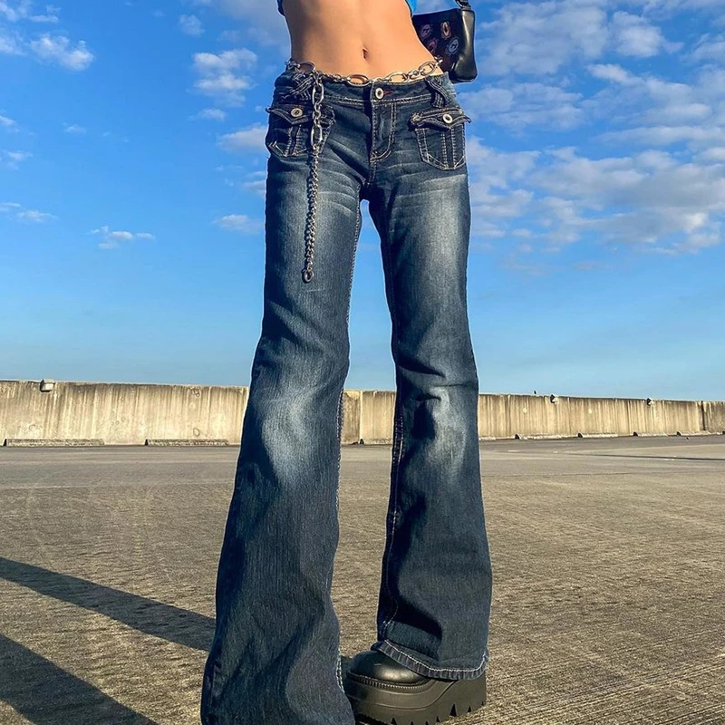 2000s Retro Low Waist Denim Jeans and Retro Pocket Skinny Flare Pants