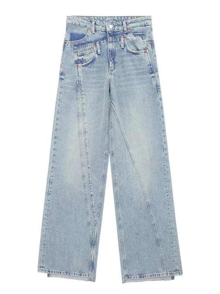 Women's pocket decoration wide waist and wide legs jeans fashion deconstruction design versatile elegant pants for women