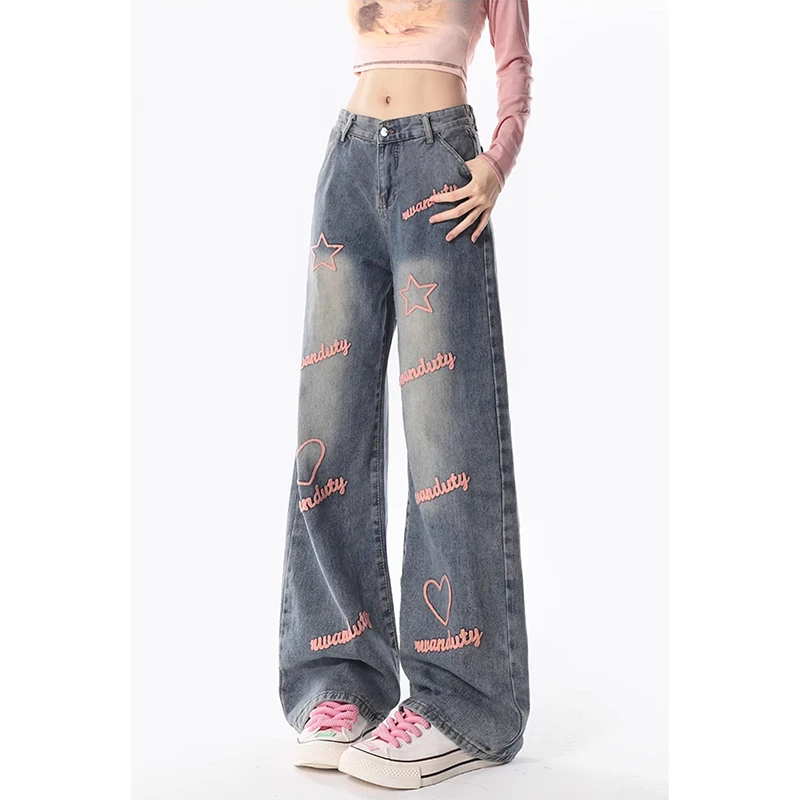 American Blue Retro Style High Waist Embroidered Jeans Spring Jeans Women Relaxed Wide Legs Jeans Female Clothing
