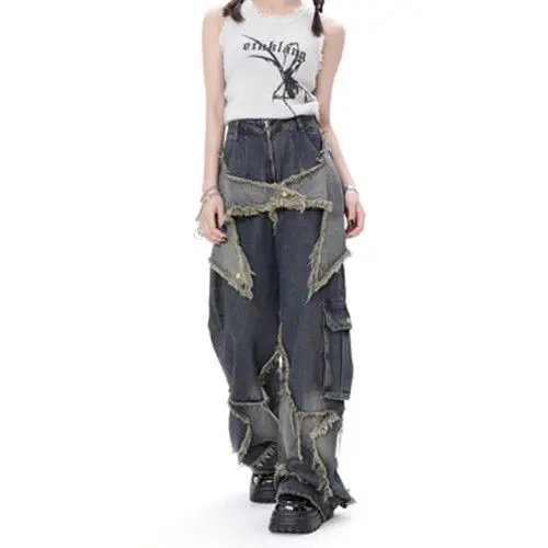 New Female Star Stitched Tassel Pants Retro Jeans High Street Loose Wide Legs Pants Fashion Punk Trousers