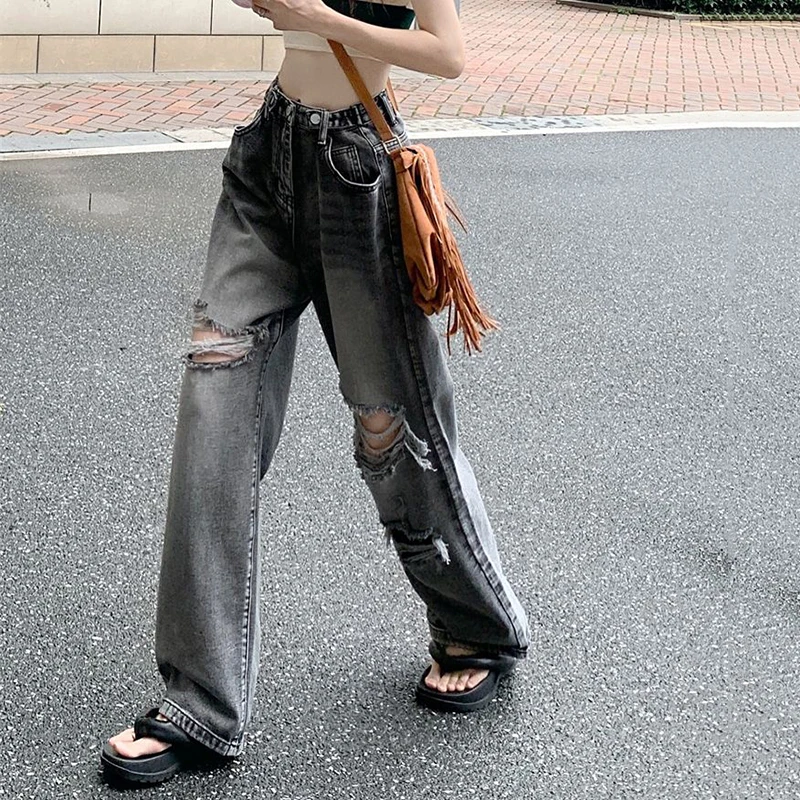 Retro Corrugated Female Jeans New High Waist Jeans Wide Legs Pants for Women Teens Street Relaxed Casual Pants in Autumn