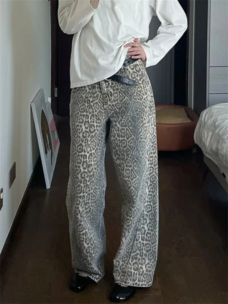 Female Leopard Print Jeans Street Retro Jeans Pants High Street Jeans Fashion Wide Leg Pants High Waist Jeans