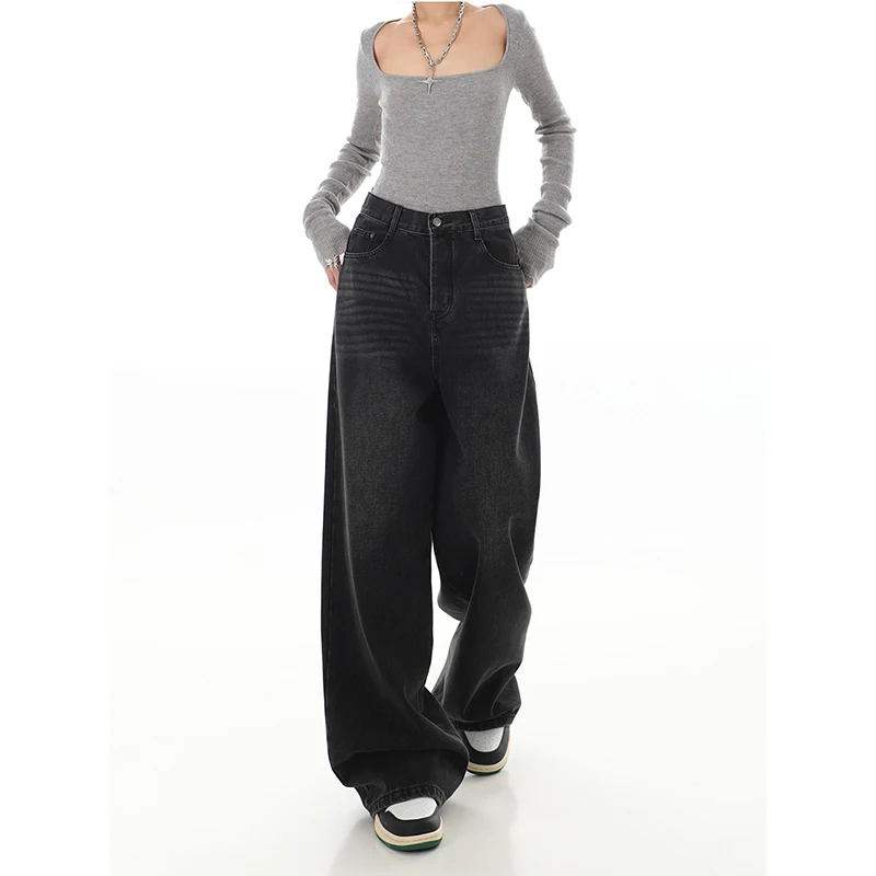Street retro black high waist loose straight jeans Korean fashion women wide legs loose jeans pants female