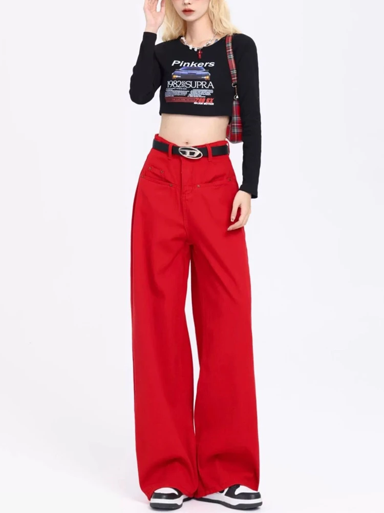 Red high waist straight jeans for women retro American Street cool Girls high waist pants relaxed retro jeans for women
