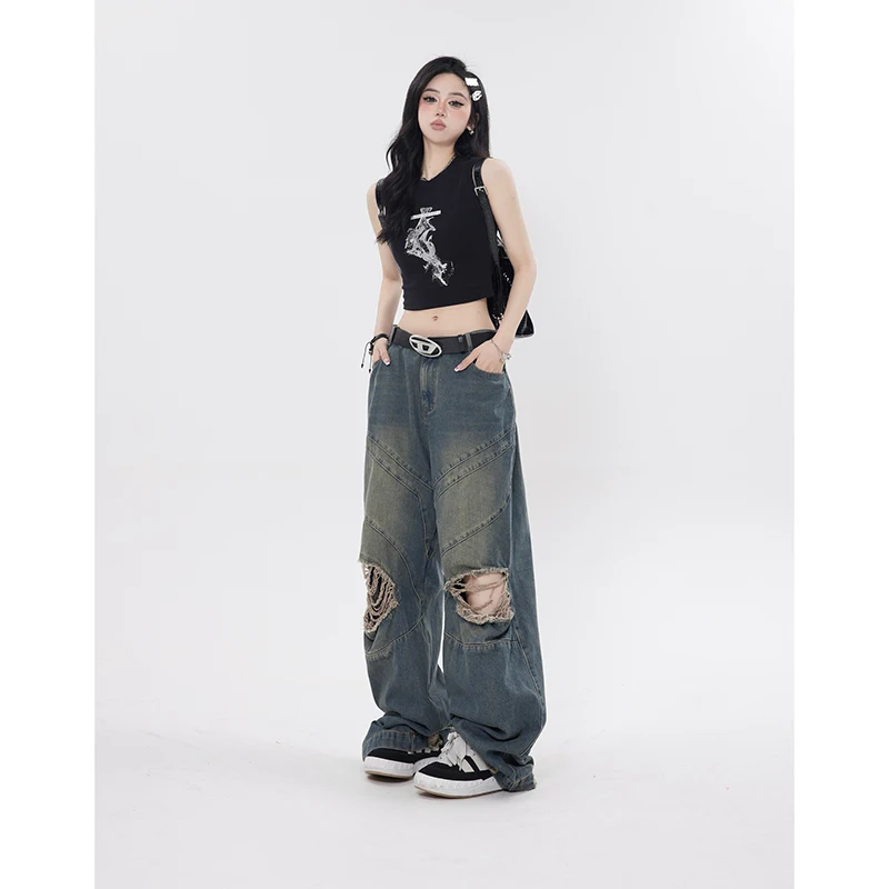 Spring High Waist Retro Harajuku Loose Jeans Baggy Jeans Female Wide Legs Pockets Loose Light Blue Jeans Pants