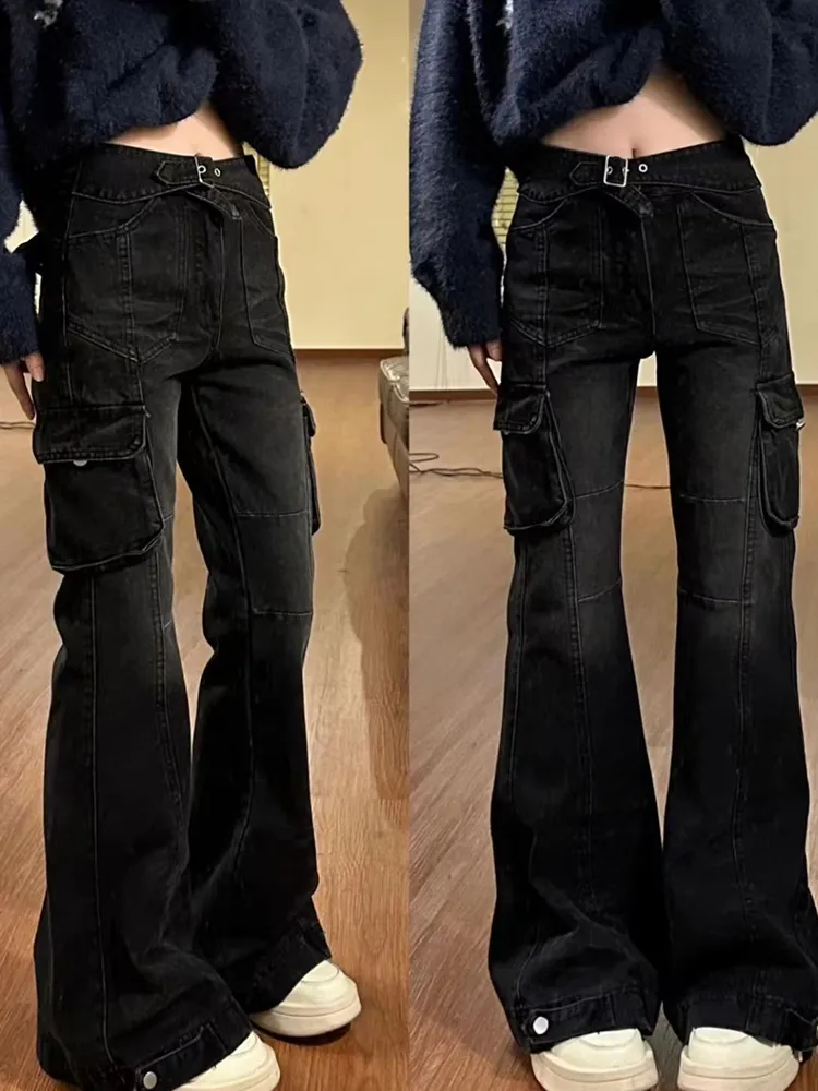High Street Office Lady Black Flare Jeans Slim Bell Bottoms Fashion Denim Pants Multi Pockets 2000s American Retro