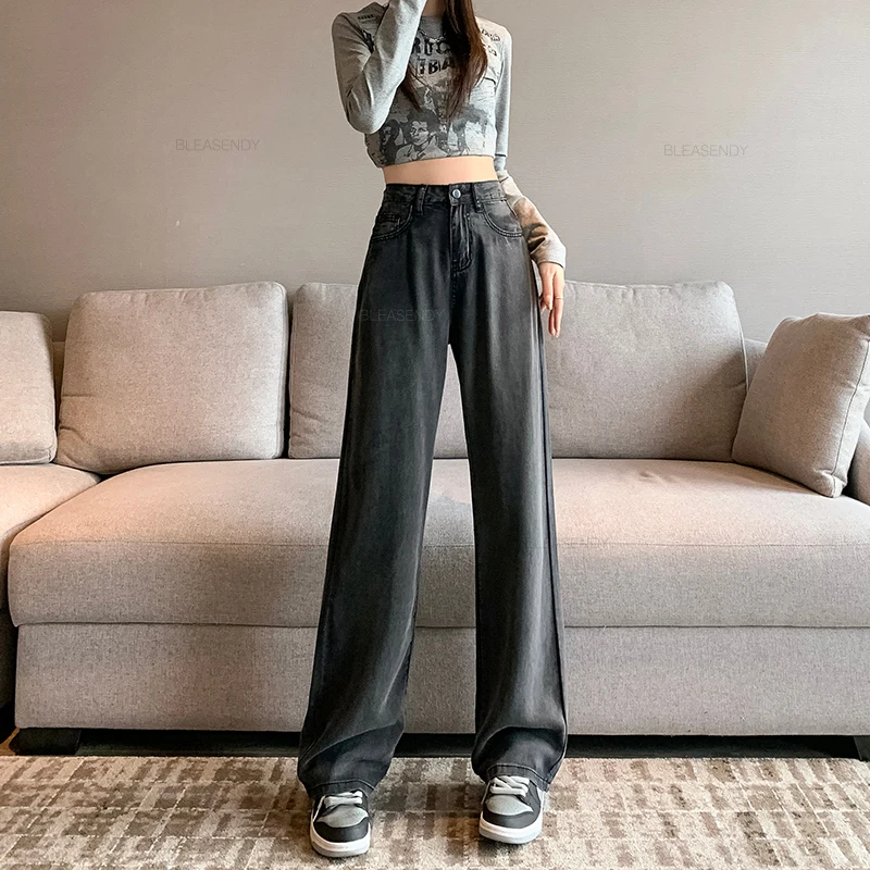 100% lyocell ultra-thin female jeans summer loose, soft and hanging vertical pants FASHION Korean high waist jeans gray pink