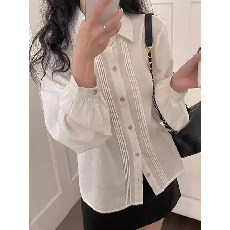 Retro White Shirt Japanese Shirt Preppy Bandage Long Sleeve Shirt Summer Shirt Harajuku Korea Basic Single Row Elegant Shirt